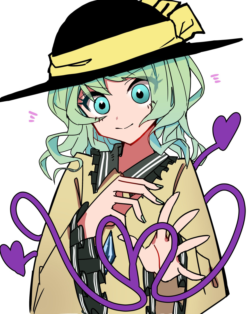 1girl absurdres aqua_eyes black_headwear blouse buttons closed_mouth commentary diamond_button eyebrows_visible_through_hair fingernails frilled_shirt_collar frilled_sleeves frills green_hair green_nails hand_on_own_chest hands_up hat hat_ribbon heart heart_of_string highres komeiji_koishi long_sleeves looking_at_viewer medium_hair mizoreshi nail_polish notice_lines one-hour_drawing_challenge open_hand ribbon simple_background smile solo split_mouth touhou upper_body v-shaped_eyebrows white_background wide_sleeves yellow_blouse yellow_ribbon