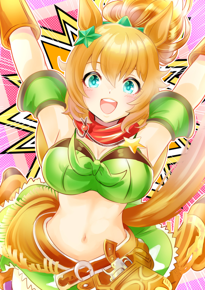 1girl :d animal_ears aqua_eyes armpits arms_up bandeau bangs bare_shoulders belt blush breasts brown_belt chiffon cleavage clothes_lift commentary_request detached_sleeves front-tie_top green_skirt gun hair_between_eyes hair_ornament highres holstered_weapon horse_ears large_breasts long_hair looking_at_viewer midriff miniskirt navel orange_hair ponytail revolver short_sleeves skirt skirt_lift smile solo star_(symbol) star_hair_ornament stomach taiki_shuttle_(umamusume) umamusume upper_body weapon