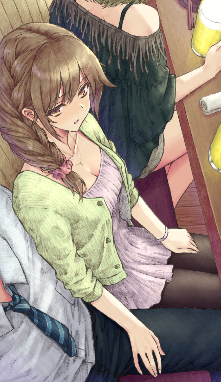 1boy 2girls :o absurdres alcohol aramachi beer beer_bottle black_legwear braid braided_ponytail breasts brown_hair cardigan cleavage collarbone dress formal green_cardigan hair_ornament hair_scrunchie hand_on_another's_thigh head_out_of_frame highres idolmaster idolmaster_cinderella_girls jewelry looking_at_another multiple_girls necklace necktie off-shoulder_shirt off_shoulder pantyhose pink_dress producer_(idolmaster) restaurant scrunchie senkawa_chihiro shirt shorts side_ponytail solo_focus takagaki_kaede