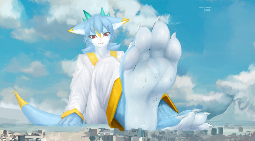 4_toes anthro barefoot blue_body city clothed clothing dragon feet foot_focus macro male micro paws red_eyes reptile scalie sitting soles solo solutionwcs stomping toes unknown_species