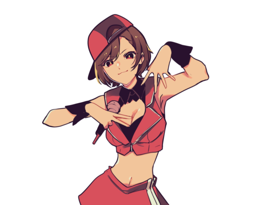 1girl :3 brown_hair crop_top hat highres holding holding_microphone meiko microphone miniskirt rapping red_eyes skirt sleeveless solo vocaloid white_background wrist_cuffs yen-mi