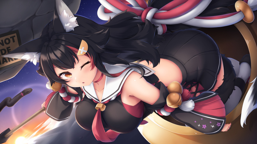 1girl absurdres animal_ear_fluff animal_ears back bangs bare_shoulders bell black_hair black_shirt black_skirt blush breasts collar cropped_shirt detached_sleeves flipped_hair getting_over_it hair_between_eyes hair_ornament hairclip highres hololive jingle_bell large_breasts long_hair looking_at_viewer midriff multicolored_hair necktie one_eye_closed ookami_mio open_mouth pleated_skirt red_hair red_necktie sailor_collar sailor_shirt shirt side_slit sidelocks skirt sky solo star_(sky) starry_sky streaked_hair sweat tail tail_around_leg tail_wrap thighhighs tousaki_(tousakiworks) very_long_hair virtual_youtuber wolf_ears wolf_girl wolf_tail yellow_eyes zettai_ryouiki