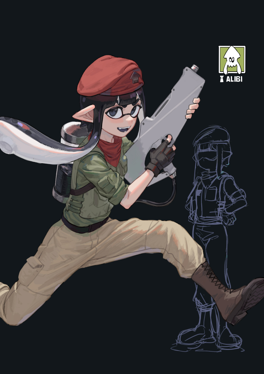 1girl absurdres alibi_(rainbow_six_siege) backpack bag beige_pants beret black_background black_gloves black_hair boots brown_footwear character_request commentary_request cosplay fingerless_gloves gloves gun hat highres holding holding_gun holding_weapon long_hair looking_at_viewer max-k open_mouth pointy_ears rainbow_six_siege red_headwear red_neckwear running simple_background sleeves_rolled_up smile solo splatoon_(series) splatoon_2 tentacle_hair thick_eyebrows weapon