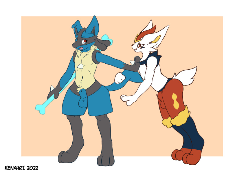 animal_genitalia cinderace duo genitals hi_res kenahri lucario male male/male nintendo playful pok&eacute;mon pok&eacute;mon_(species) sheath tail_grab video_games