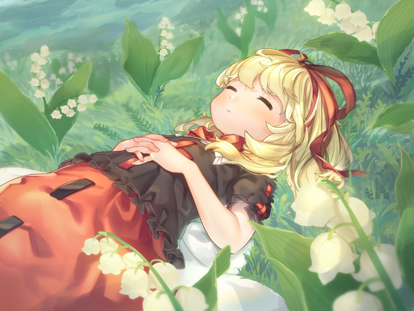 1girl bangs black_shirt blonde_hair closed_eyes flower grass hair_ribbon lily_of_the_valley lying medicine_melancholy on_back outdoors own_hands_together parted_lips red_ribbon red_skirt ribbon shirt short_hair short_sleeves skirt sleeping solo touhou wankosoba