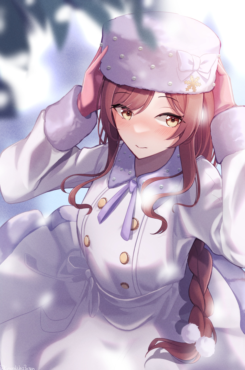 1girl absurdres blurry blurry_foreground bow braid brown_hair coat fur-trimmed_coat fur-trimmed_sleeves fur_hat fur_trim gloves hair_ornament hat hat_bow highres idolmaster idolmaster_shiny_colors long_hair long_sleeves looking_to_the_side neck_ribbon odecono3 oosaki_amana pink_gloves purple_ribbon ribbon single_braid snowflake_hair_ornament solo ushanka very_long_hair white_bow white_coat white_headwear winter_clothes winter_coat yellow_eyes