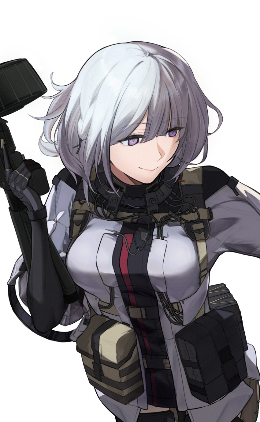 1girl absurdres black_bodysuit bodysuit breasts girls'_frontline gun highres holding holding_weapon la13 large_breasts light_machine_gun purple_eyes rpk-16 rpk-16_(girls'_frontline) short_hair short_sleeves silver_hair simple_background smile solo tactical_clothes upper_body weapon white_background