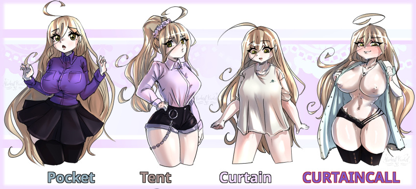 absurdres black_panties breasts curtain_call_challenge highres no_pants open_clothes open_shirt panties underwear