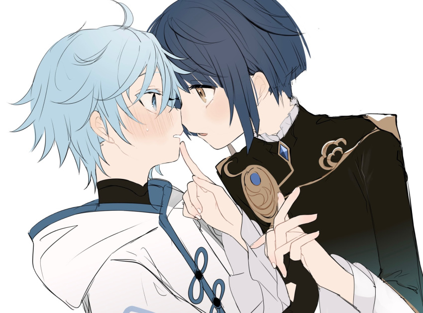 2boys asymmetrical_bangs bangs blue_hair blush chongyun_(genshin_impact) commentary_request frilled_shirt_collar frilled_sleeves frills from_side genshin_impact grabbing_another's_chin hand_on_another's_chin highres holding_hands imminent_kiss interlocked_fingers light_blue_eyes light_blue_hair long_sleeves looking_at_another multiple_boys open_mouth short_hair simple_background sweatdrop white_background xingqiu_(genshin_impact) yaoi yellow_eyes yoko_(nz_g)