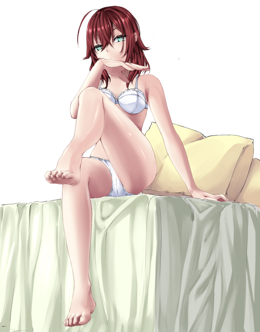 1girl bangs bare_arms bare_legs barefoot bed_sheet bra breasts cameltoe cnfs green_eyes hair_between_eyes highres long_hair medium_breasts original panties pillow red_hair shiny shiny_hair simple_background sitting solo straight_hair underwear underwear_only white_background white_bra white_panties