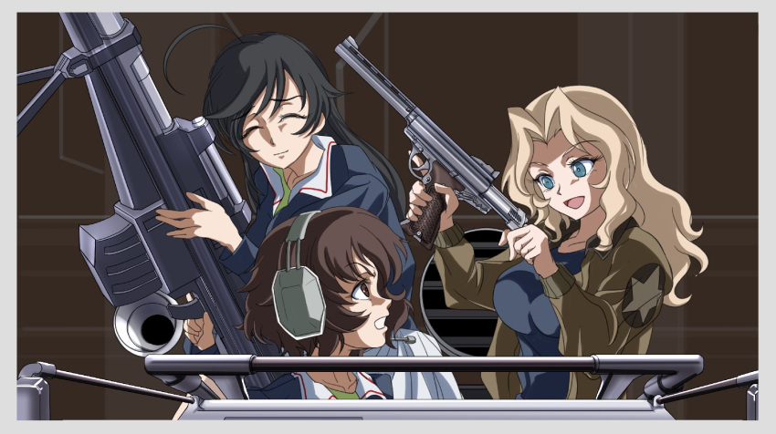 3girls ahoge akiyama_yukari anti-materiel_rifle automag bangs black_hair black_shirt blonde_hair blue_eyes blue_jacket border brown_eyes brown_hair brown_jacket closed_mouth commentary_request emblem facing_another frown girls_und_panzer green_shirt grey_border grimace gun hair_intakes handgun headset highres holding holding_gun holding_weapon isuzu_hana jacket kay_(girls_und_panzer) long_hair long_sleeves looking_at_another looking_back messy_hair military military_uniform multiple_girls ooarai_military_uniform open_clothes open_jacket open_mouth rifle saunders_military_uniform shirt short_hair smile sniper_rifle star_(symbol) tomokoji uniform weapon weapon_request