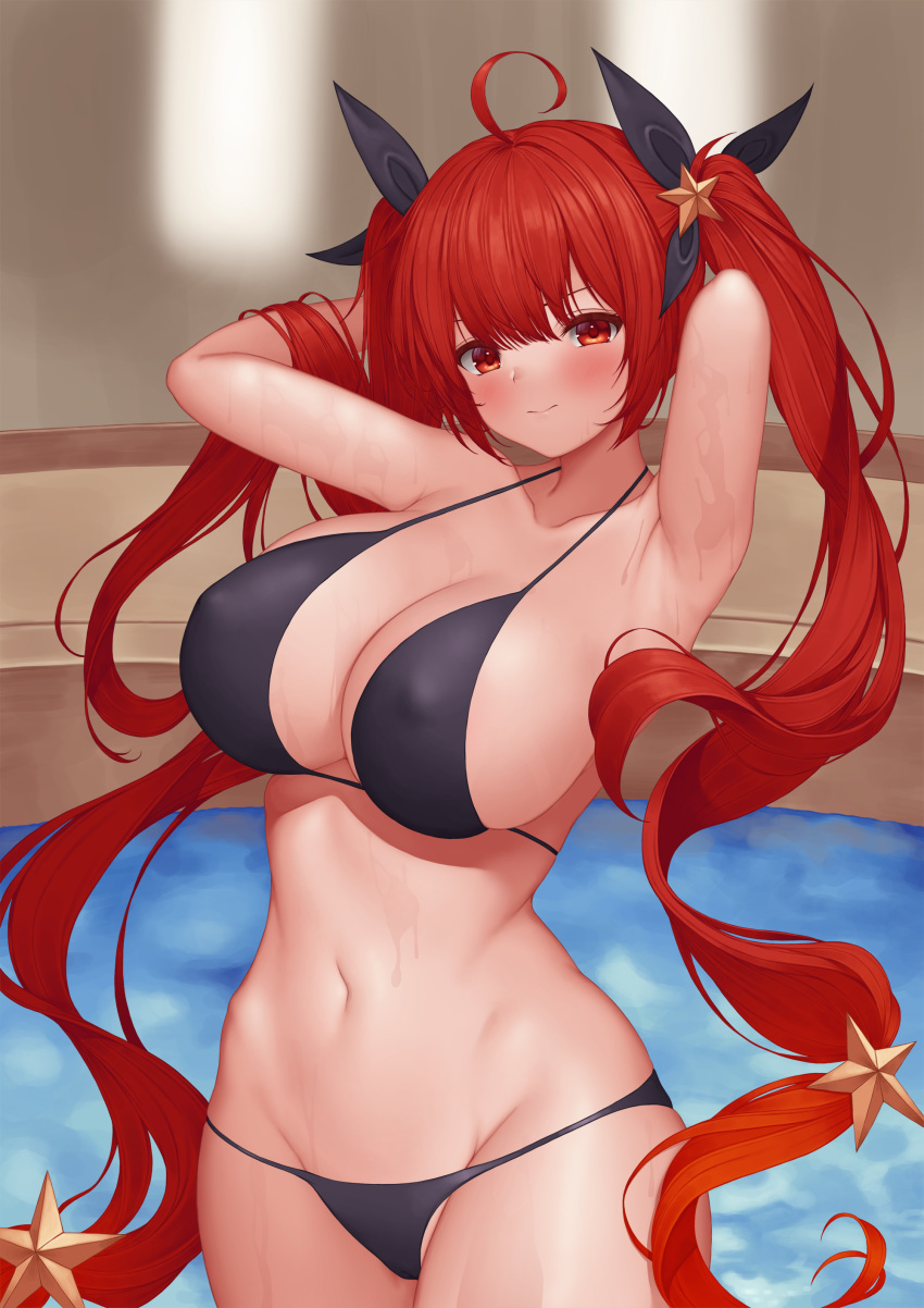 1girl absurdres ahoge armpits arms_behind_head arms_up azur_lane bangs bare_shoulders bikini black_bikini black_ribbon blush breasts cleavage closed_mouth collarbone commentary covered_nipples cowboy_shot eyebrows_visible_through_hair groin hair_ornament hair_ribbon highres honolulu_(azur_lane) honolulu_(summer_accident?!)_(azur_lane) large_breasts long_hair looking_at_viewer navel official_alternate_costume pinkcap pool red_eyes red_hair ribbon sidelocks smile solo standing star_(symbol) star_hair_ornament stomach swimsuit twintails very_long_hair wading