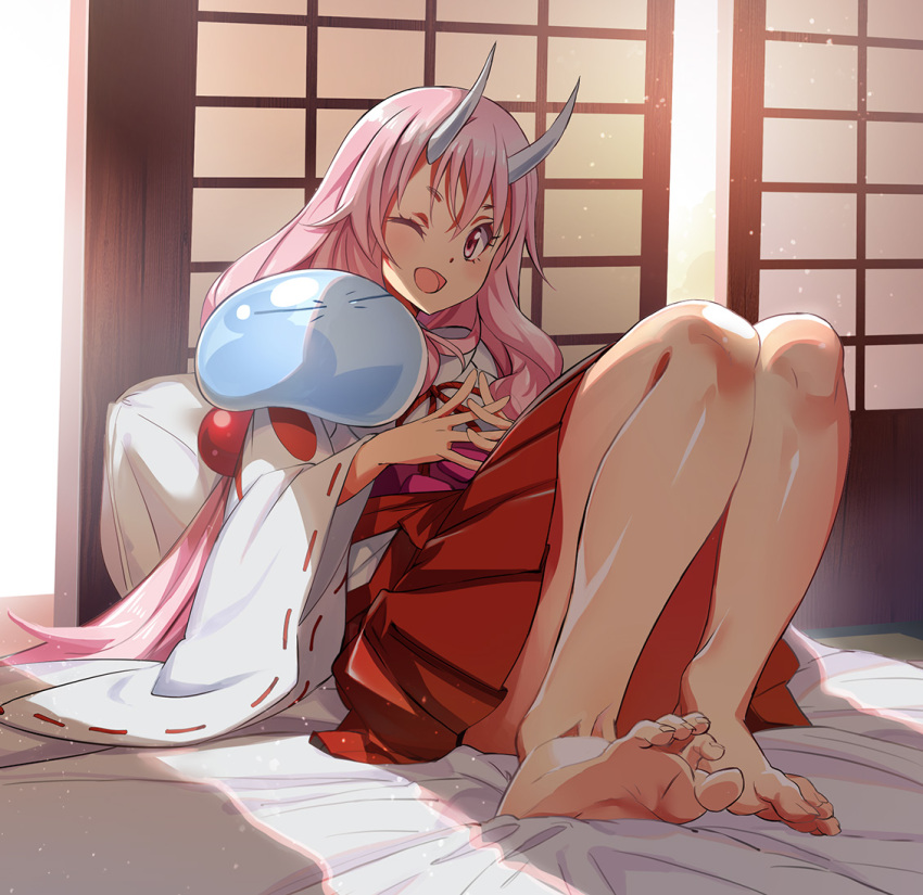 1girl 1other ;d bangs bare_legs barefoot cushion eyebrows_visible_through_hair feet futon hair_between_eyes hair_ornament hakama horns indoors japanese_clothes kimono knees_up long_hair long_sleeves looking_at_viewer low-tied_long_hair miko nyoro_(nyoronyoro000) one_eye_closed oni oni_horns open_mouth pink_eyes pink_hair red_hakama ribbon-trimmed_sleeves ribbon_trim rimuru_tempest shiny shiny_skin shouji shuna_(tensei_shitara_slime_datta_ken) sitting sliding_doors slime_(creature) smile soles tensei_shitara_slime_datta_ken toes very_long_hair wide_sleeves