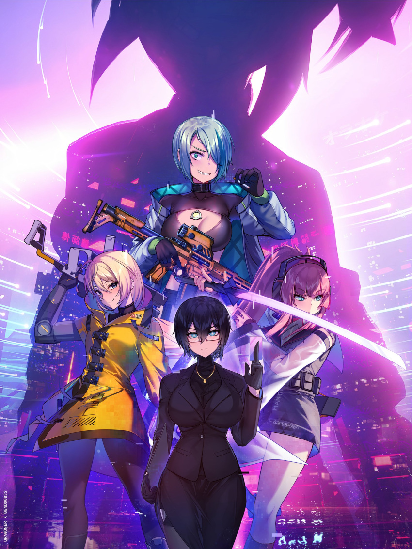 4girls absurdres breasts cleavage cyberpunk cyborg gendo0032 gloves gun highres holding holding_gun holding_sword holding_weapon katana mechanical_arms multiple_girls official_art one_eye_covered rifle single_mechanical_arm sniper_rifle submachine_gun sword tactical_clothes trigger_discipline uragoner weapon