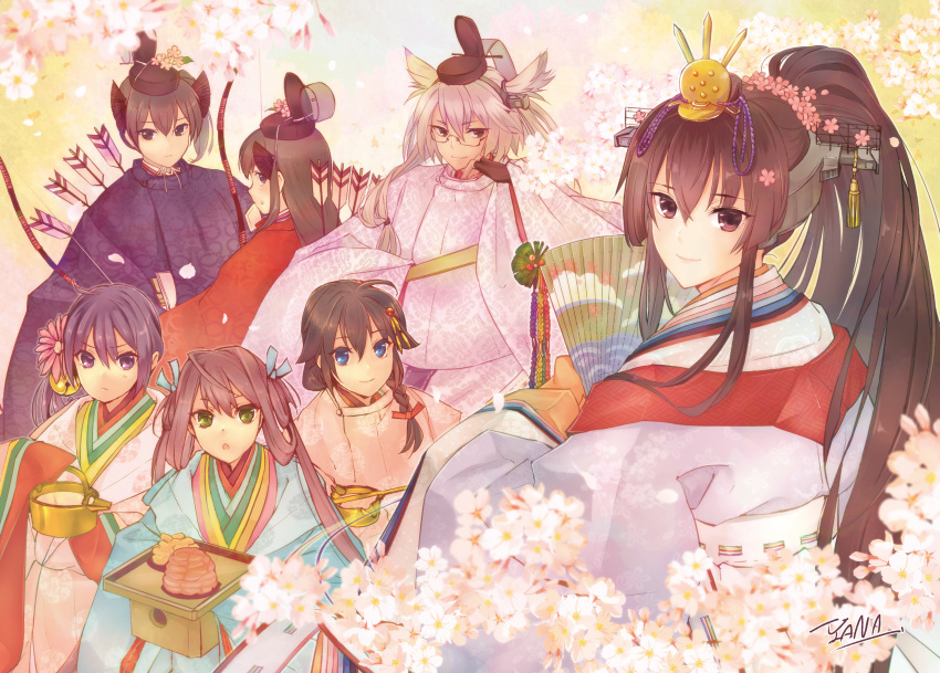 6+girls :o absurdres akagi_(kancolle) akebono_(kancolle) alternate_costume arrow_(projectile) asagumo_(kancolle) bell black_hair blue_eyes bow braid brown_eyes brown_hair cherry_blossoms commentary_request floral_background flower glasses green_eyes hair_bell hair_flaps hair_flower hair_ornament hair_ribbon hand_fan headgear highres hinamatsuri japanese_clothes jingle_bell kaga_(kancolle) kantai_collection long_hair looking_at_viewer multiple_girls musashi_(kancolle) open_mouth paper_fan purple_eyes purple_hair remodel_(kantai_collection) revision ribbon saishi shigure_(kancolle) short_hair side_braid side_ponytail silver_hair smile twintails yamato_(kancolle) yanami_(yanayana_company)