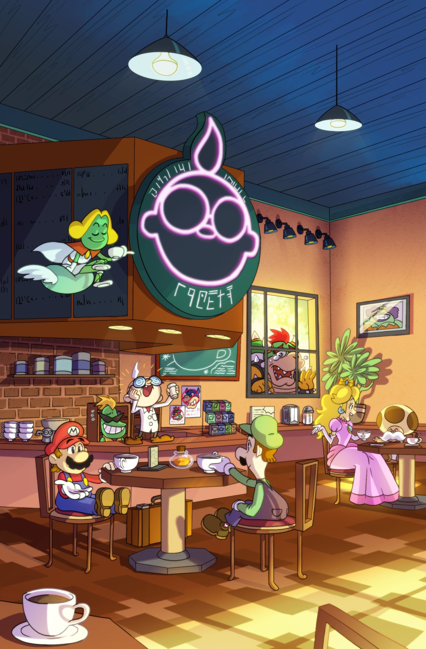 absurd_res anthro being_watched beverage blonde_hair bodily_fluids bowser chair clothing coffee container cup detailed_background eyewear facial_hair female flying footwear furniture glass glasses gloves group hair handwear hat headgear headwear hi_res holding_cup holding_object horn human inside koopa lizannamae long_hair looking_at_another luigi male mammal mario mario_and_luigi_(series) mario_bros mustache nintendo open_mouth open_smile photo plant popple prince_peasley princess_peach professor_e._gadd queen_bean red_hair scalie sitting smile suitcase sunglasses table tears teeth toad_(mario) toadsworth video_games window