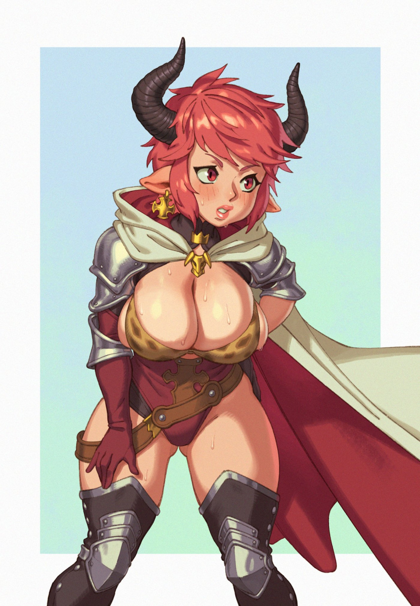 1girl armor bangs boots breasts cleavage cloak earrings elbow_gloves gloves granblue_fantasy highres horns jewelry large_breasts red_eyes red_hair riz simple_background solo sturm_(granblue_fantasy) sweat thigh_boots thighhighs thighs