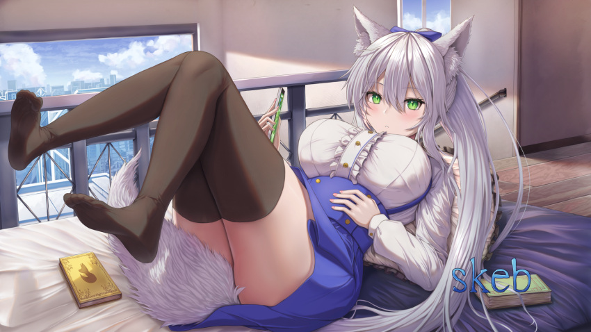 1girl animal_ears bed black_legwear blush book borrowed_character bow breasts buran_(22x) cellphone center_frills cityscape commission dress eyebrows_visible_through_hair feet fox_ears fox_tail frills full_body green_eyes grey_hair hair_between_eyes hair_bow highres indoors knees_together_feet_apart knees_up large_breasts legs_up long_hair long_sleeves looking_at_viewer lying no_shoes on_back original parted_lips phone pillow pink_nails ponytail sidelocks silver_hair skeb_commission slit_pupils smartphone soles tail taut_clothes taut_dress thick_thighs thighhighs thighs toes tsurime underbust very_long_hair zettai_ryouiki