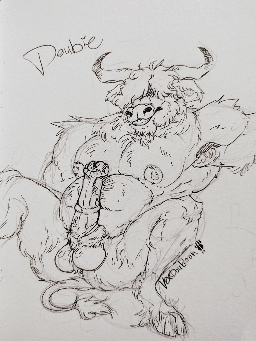 animal_genitalia animal_penis anthro balls bangs belly big_horn bovid bovine cattle curled_hair doubie_(vexdoubloon) equine_penis erect_nipples erection genitals hair hair_over hi_res highland_cattle hooves horn male mammal musclegut muscular nipples nude pecs pen_(artwork) penis sitting sketch smile smirk solo traditional_media_(artwork) vein veiny_penis vexdoubloon