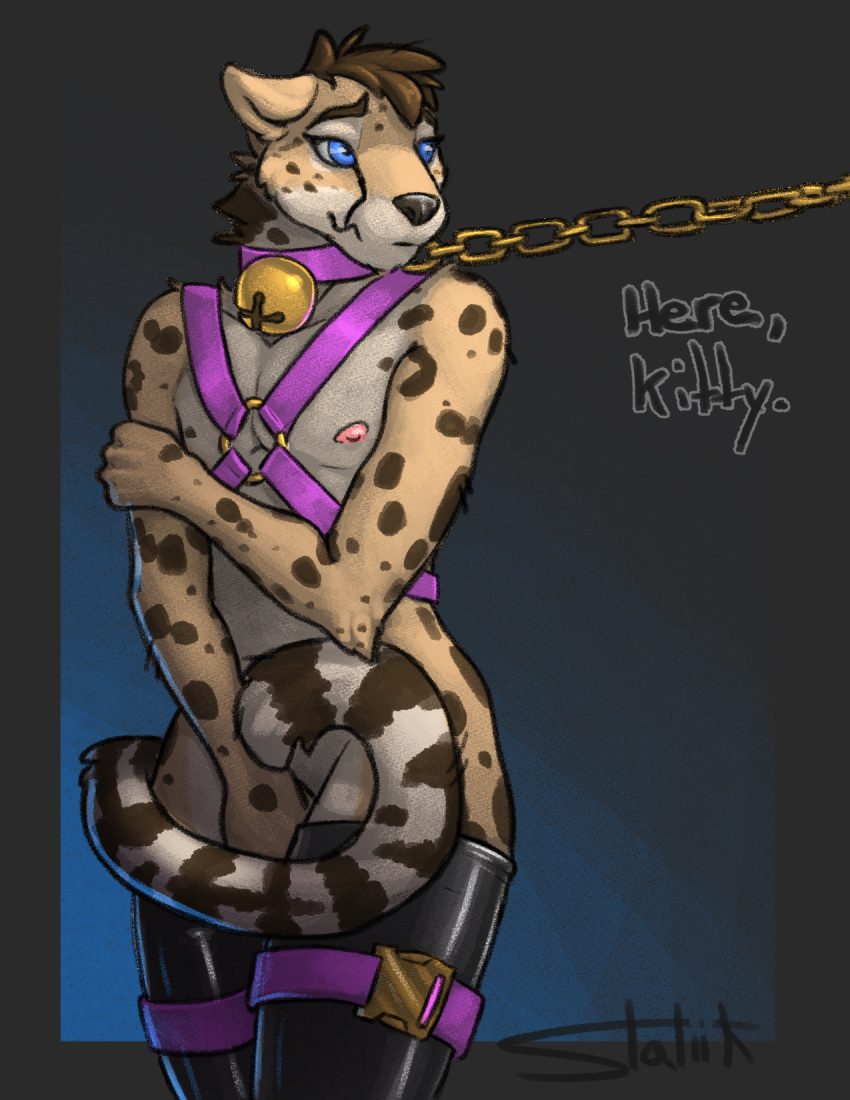 anthro bdsm bdsm_gear bdsm_outfit bell bell_collar chain chain_leash cheetah clothed clothing collar covering covering_crotch ears_back eyebrows eyelashes felid feline gold_(metal) harness harness_ring hi_res holding_arm king_cheetah latex latex_legwear latex_stockings leash leash_and_collar leash_pull leashed_male legwear long_eyelashes male mammal markings partially_clothed pivoted_ears raised_eyebrow shy simple_background skinny skinny_anthro skinny_male skinny_tail solo solo_focus spots spotted_markings statiik_(artist) straps striped_markings striped_tail stripes submissive submissive_anthro submissive_male tail_markings text