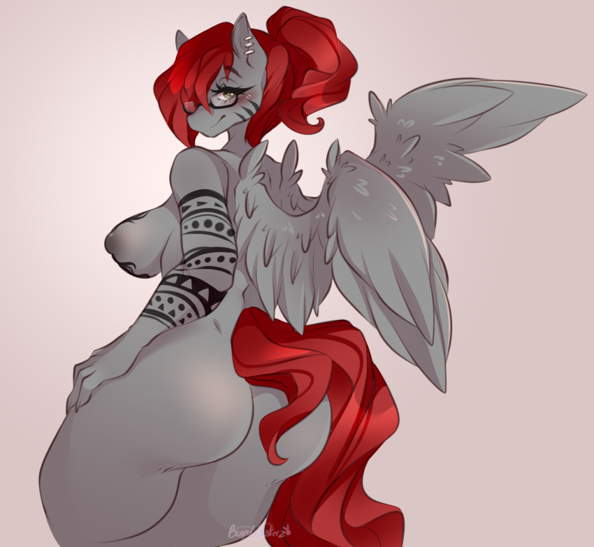 anthro bunnywhiskerz butt equid equine eyewear feathers female glasses grey_body grey_feathers hair hi_res mammal nipples nude pegasus pink_background red_hair simple_background solo tattoo wings