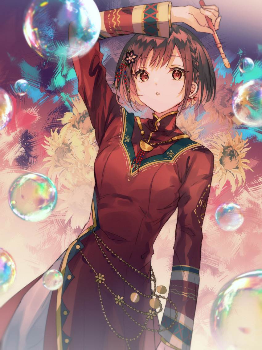 1girl bangs bow braid brown_hair bubble chain commentary cowboy_shot dress flower gold_chain gold_trim hair_bow hair_flower hair_ornament haku_wi hand_up highres holding holding_paintbrush long_sleeves looking_at_viewer open_mouth paintbrush painting_(object) pants project_sekai red_dress shinonome_ena short_hair solo vietnamese_dress white_pants yellow_flower