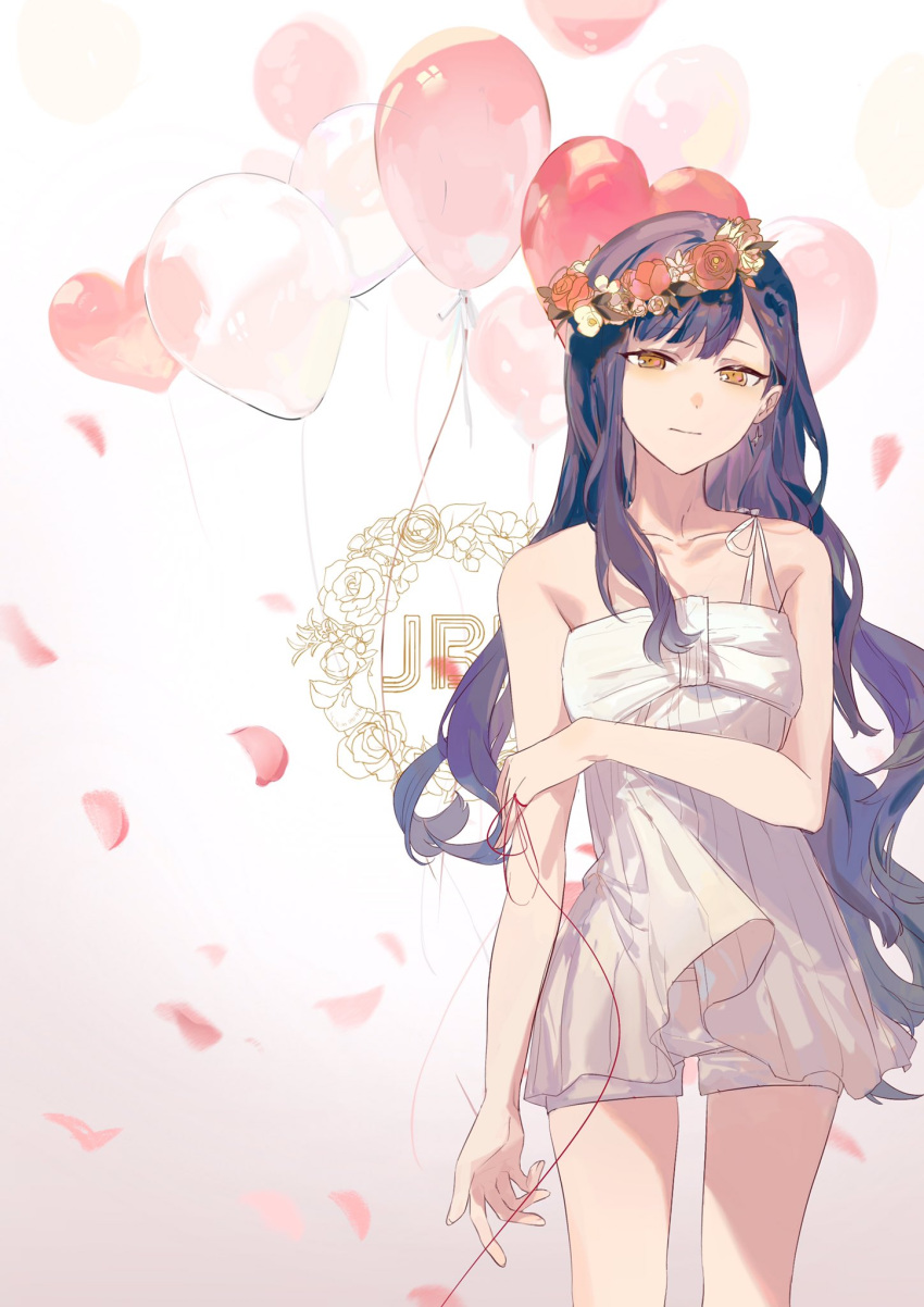 1girl balloon black_hair dress hand_on_own_arm head_wreath highres just_be_friends_(vocaloid) long_hair nashinashi orange_eyes project_sekai shiraishi_an shorts sleeveless string string_of_fate white_dress