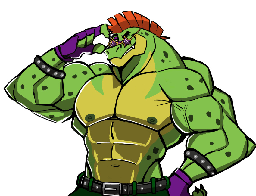 absurd_res anthro bottomwear bracelet clothed clothing crocodile crocodilian crocodylid darknaigart eyewear fingerless_gloves five_nights_at_freddy's five_nights_at_freddy's:_security_breach glasses gloves green_body hair handwear hi_res jewelry male mohawk montgomery_gator_(fnaf) muscular muscular_anthro muscular_male nipples non-mammal_nipples pants pecs red_hair reptile scalie scottgames simple_background solo topless video_games white_background