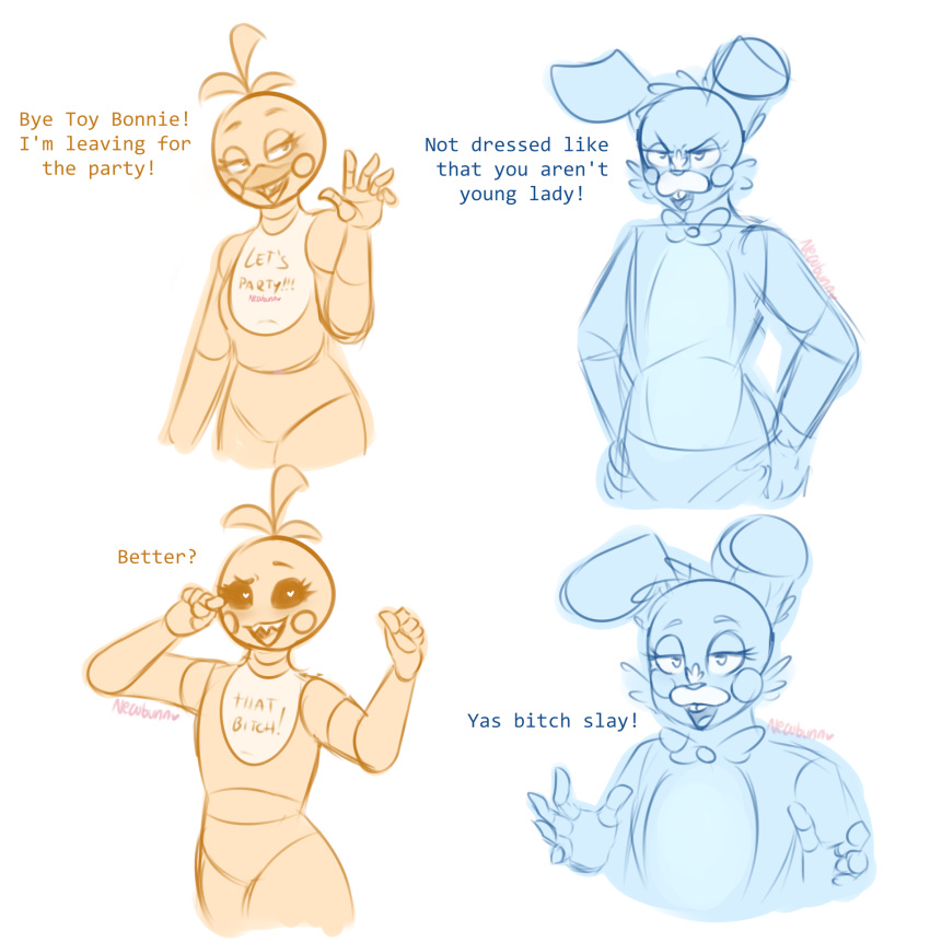 animatronic anthro beak blush blush_stickers bow_tie dialogue duo female five_nights_at_freddy's five_nights_at_freddy's_2 hi_res humanoid machine male nezubunn robot scottgames speech_bubble text toy_bonnie_(fnaf) toy_chica_(fnaf) video_games