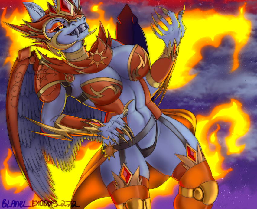 absurd_res anthro blanel_exodus272 breasts cleavage clothed clothing daybreaker_(mlp) equid equine fangs female fingernails fire flaming_hair flaming_tail folded_wings friendship_is_magic hi_res horn looking_away mammal my_little_pony nails navel panties portrait pseudo_hair skimpy_armor solo three-quarter_portrait underwear winged_unicorn wings