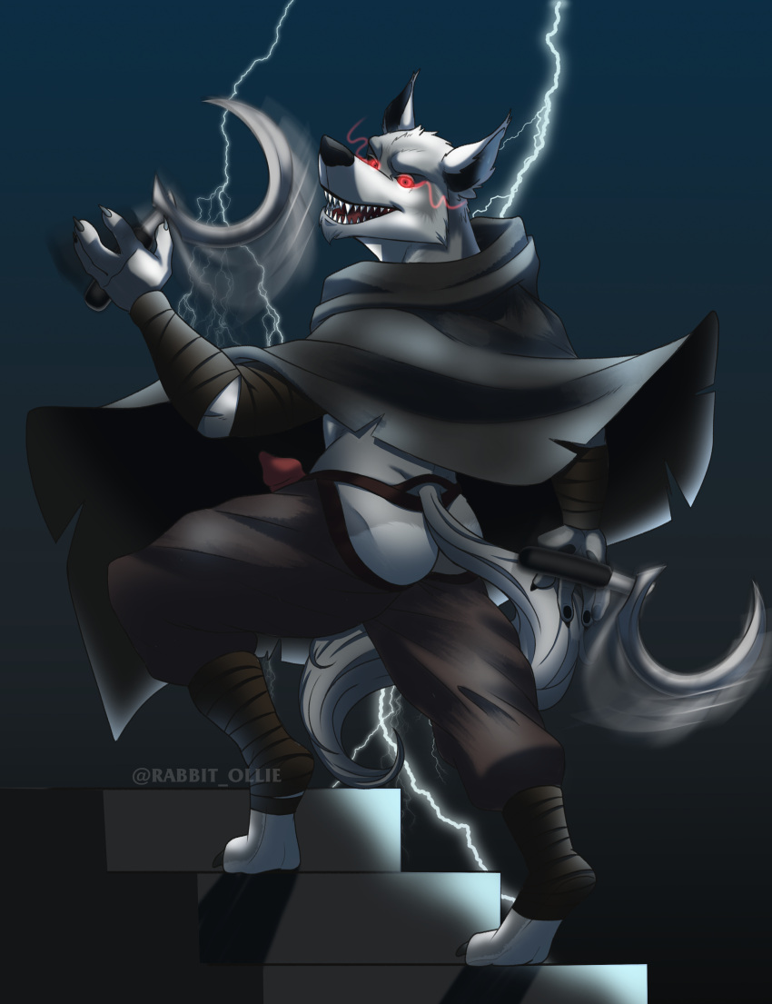 2022 absurd_res anthro assassin_wolf(puss_in_boots_2) butt canid canine canis claws clothed clothing dark digital_media_(artwork) dreamworks erection fur genitals hair hi_res holding_object holding_weapon lightning looking_at_viewer male male/male mammal nude ollie_rabbit penis puss_in_boots puss_in_boots_(film) puss_in_boots_2 red_eyes shirtless simple_background sky smile solo teeth the_adventures_of_puss_in_boots weapon wolf