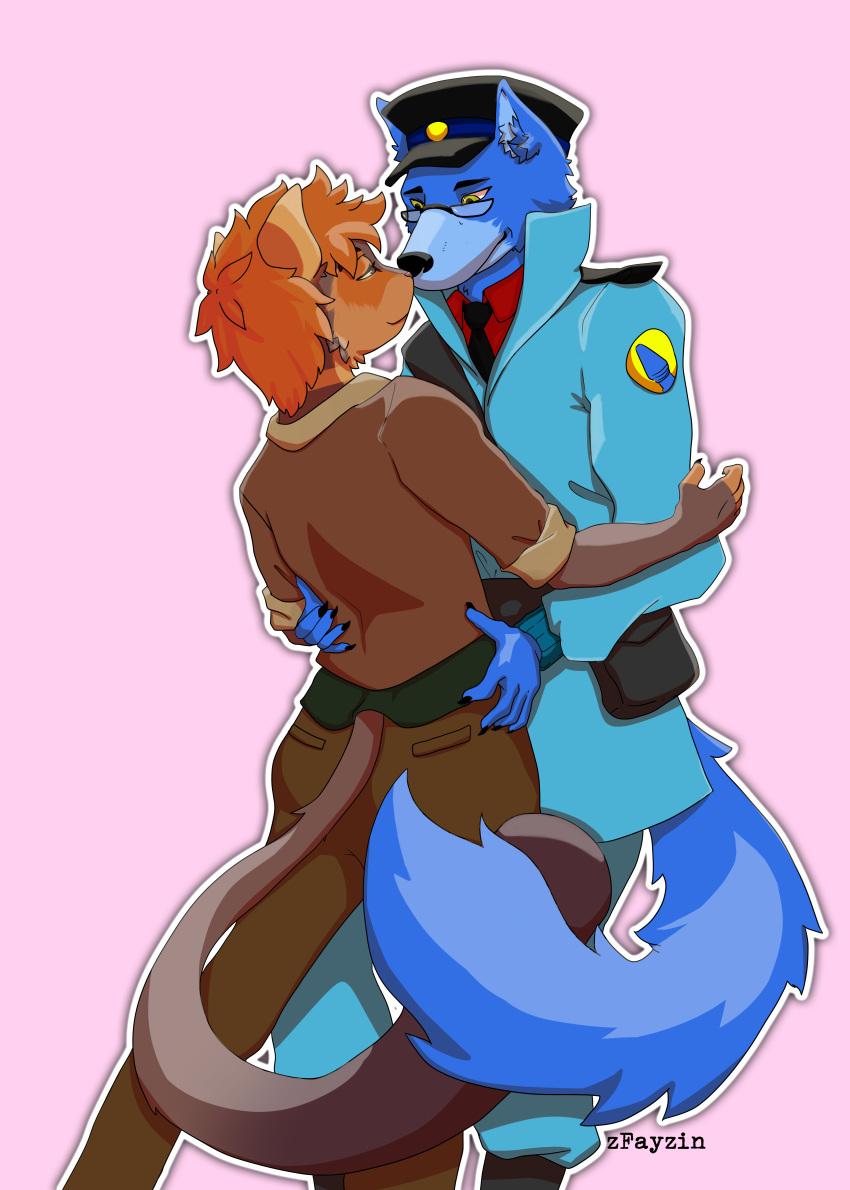 absurd_res anonymous_artist anthro blue_body blue_fur canid canine canis duo eyewear felid feline fur glasses hawkpelt healerblade hi_res male male/male mammal orange_body orange_fur romantic romantic_couple soldier_uniform team_fortress_2 valve video_games wolf