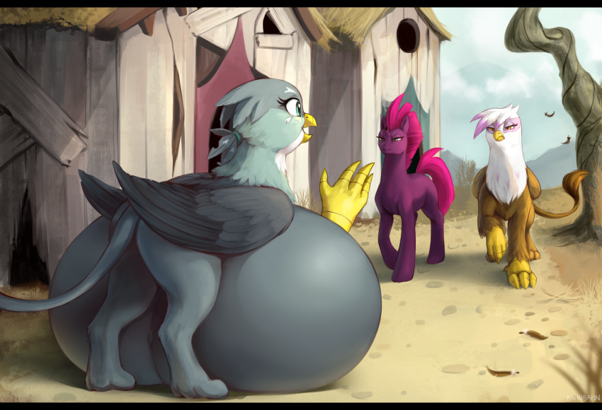 absurd_res avian bahnbahn_(artist) beak belly big_belly building equid equine eye_contact feathered_wings feathers female feral friendship_is_magic gabby_(mlp) gesture gilda_(mlp) group gryphon hasbro hi_res horn house hyper hyper_belly hyper_pregnancy long_tail looking_at_another mammal my_little_pony my_little_pony:_the_movie_(2017) mythological_avian mythology open_mouth plant pregnant purple_body tempest_shadow_(mlp) tree trio unicorn walking waving wings