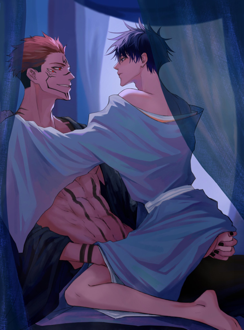 2boys abs ass ass_grab bangs barefoot black_hair closed_mouth extra_eyes facial_tattoo fushiguro_megumi grabbing_another's_ass groping hair_between_eyes highres indoors japanese_clothes jujutsu_kaisen kimono long_sleeves looking_at_another makababazi male_focus multiple_boys muscular muscular_male naked_kimono open_clothes parted_lips pink_hair red_eyes ryoumen_sukuna_(jujutsu_kaisen) short_hair sideburns sitting sitting_on_person size_difference smirk spiked_hair stomach_tattoo tattoo undercut wide_sleeves yaoi