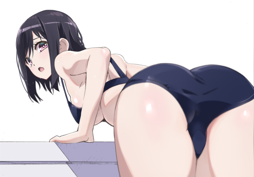 1girl arm_support ass bangs bikini black_hair blue_bikini breasts hair_between_eyes large_breasts leaning_forward looking_at_viewer looking_back nyoro_(nyoronyoro000) open_mouth purple_eyes shiny shiny_skin short_hair solo swimsuit thighs white_background