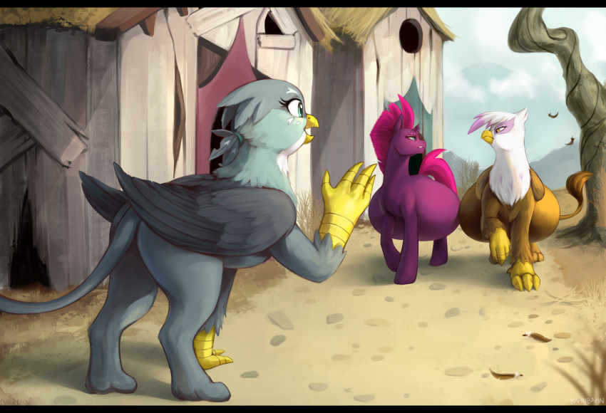 absurd_res avian bahnbahn_(artist) beak belly building equid equine eye_contact feathered_wings feathers female feral friendship_is_magic gabby_(mlp) gesture gilda_(mlp) group gryphon hasbro hi_res horn house long_tail looking_at_another mammal my_little_pony my_little_pony:_the_movie_(2017) mythological_avian mythology open_mouth plant pregnant purple_body tempest_shadow_(mlp) tree trio unicorn walking waving wings