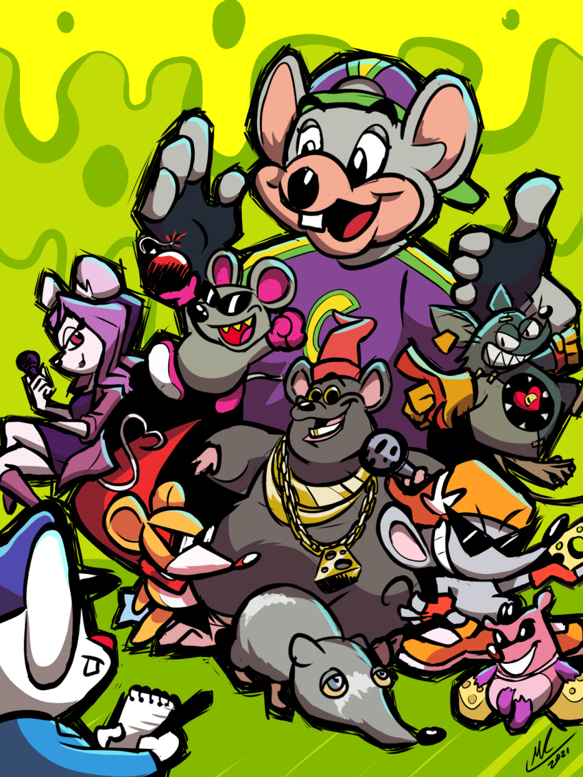 2022 anthro back_at_the_barnyard biffimator biggie_cheese black_body black_nose bomb charles_entertainment_cheese cheese chuck_e._cheese's_pizzeria clothing dairy_products earthbound_(series) explosives eyewear feral food giant_rat_(jerma985) grey_body group hat headgear headwear hi_res humanoid_hands jerma985 kirby_(series) kirby_squeak_squad mad_rat_(character) mad_rat_dead mammal mappy mappy_(character) mario_bros mascot microphone mouse mouser murid murine nintendo overweight pomme_(rivals_of_aether) rat red_nose ritz_(video_game) ritz_the_rat rivals_of_aether rodent shirt sitting size_difference spinni sunglasses the_squeekz topwear video_games white_body