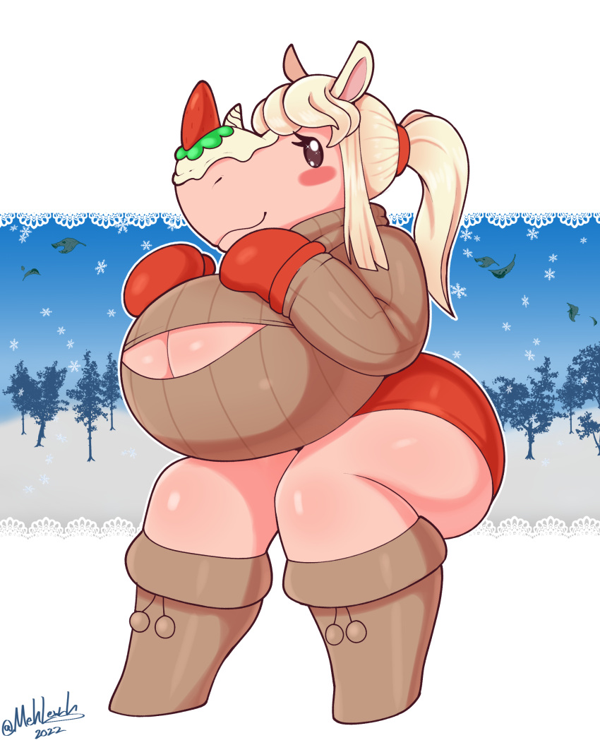 absurd_res animal_crossing anthro big_breasts blush blush_stickers boots breasts cleavage cleavage_cutout clothed clothing female footwear hair handwear hi_res huge_breasts looking_at_viewer mammal mehdrawings merengue_(animal_crossing) mittens nintendo ponytail rhinocerotoid snow solo sweater thick_thighs topwear video_games