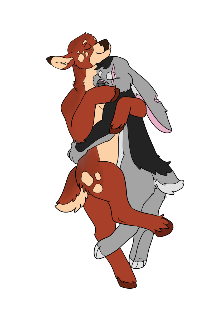 after_sex alpha_channel anthro battycat cervid cuddling duo eyes_closed female female/female hare hi_res interspecies ismay_(battycat) lagomorph leporid mammal notched_ear nude rabbit scar simple_background smile transparent_background unguligrade_anthro