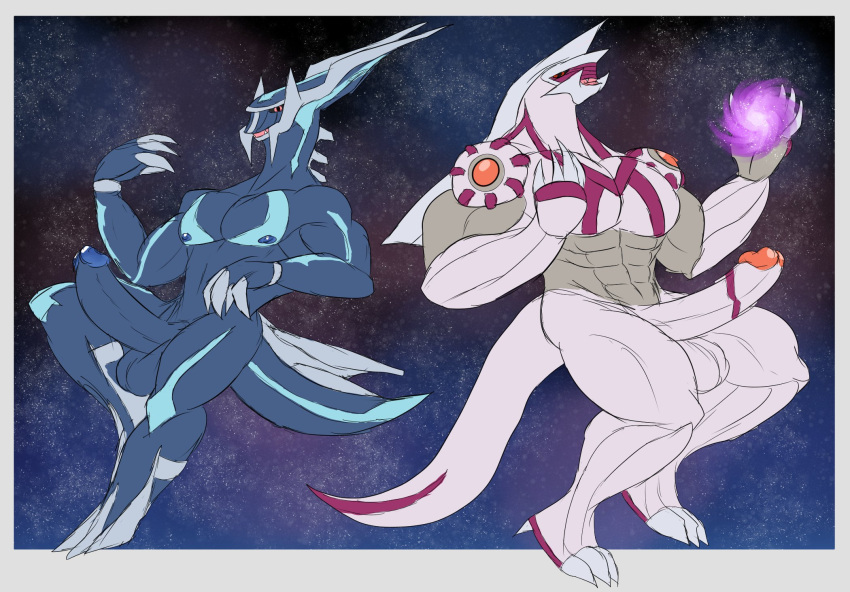 anthro anthrofied balls blue_body daikuhiroshiama dialga duo erection genitals hi_res legendary_pok&eacute;mon male muscular muscular_anthro muscular_male nintendo nipples nude palkia pecs penis pok&eacute;mon pok&eacute;mon_(species) space video_games white_body