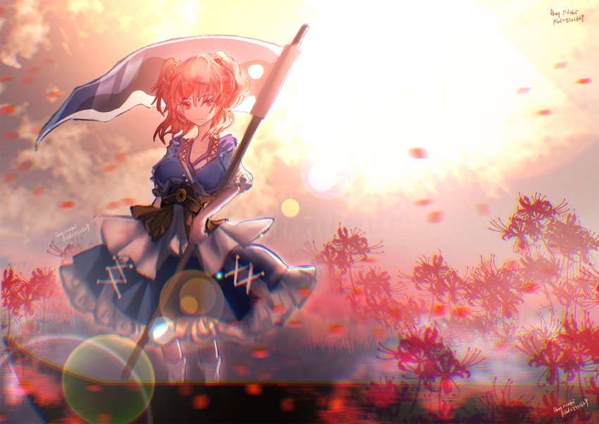 1girl backlighting bangs blue_dress boat breasts chromatic_aberration closed_mouth collarbone day dress eyebrows_visible_through_hair flower full_body hair_bobbles hair_ornament highres holding holding_scythe large_breasts light_smile looking_at_viewer medium_hair moenoki onozuka_komachi outdoors overexposure red_eyes red_flower red_hair scythe solo spider_lily standing sun touhou two_side_up watercraft