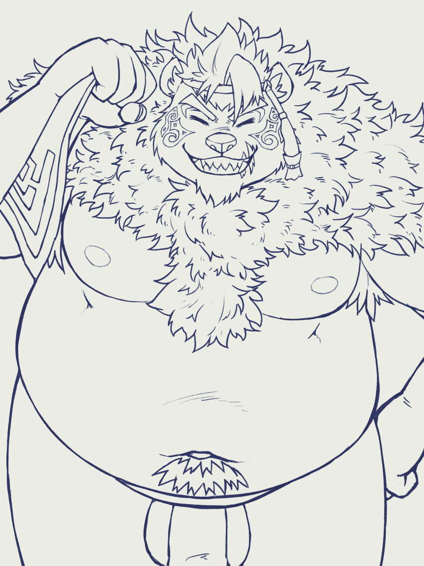 2022 5gomashio anthro belly big_belly eyes_closed genitals hi_res humanoid_genitalia humanoid_hands humanoid_penis kemono kimun_kamui_(tas) lifewonders male mammal moobs nipples overweight overweight_male penis simple_background solo tokyo_afterschool_summoners towel ursid video_games