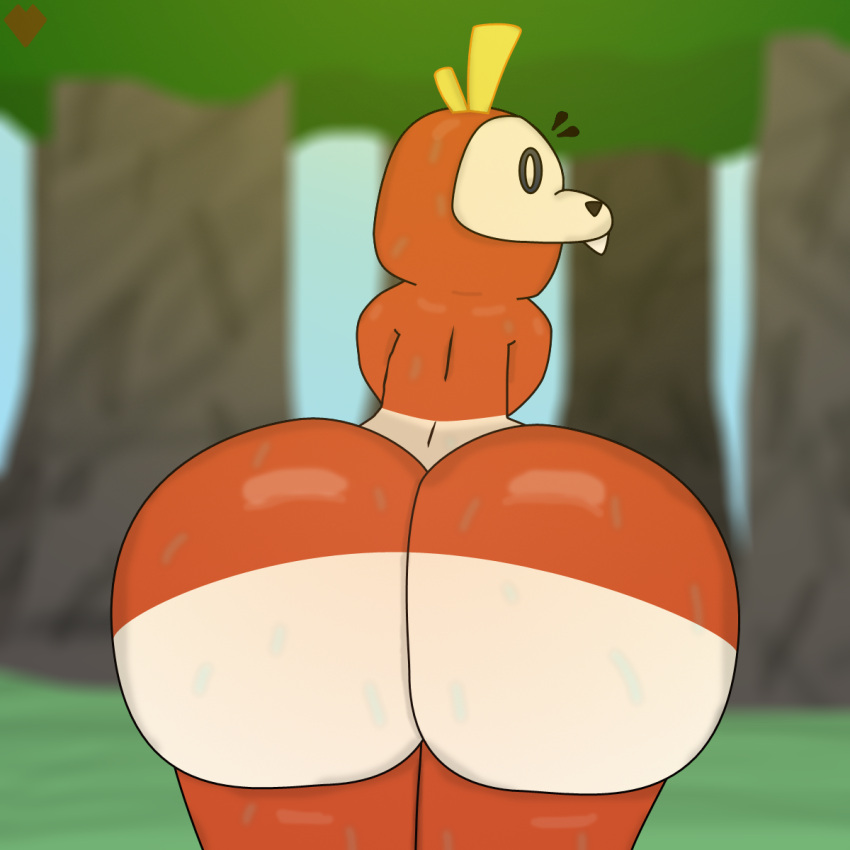 1:1 2022 ambiguous_gender anthro big_butt bodily_fluids butt butt_focus crashfab digital_media_(artwork) forest forest_background fuecoco hi_res looking_at_viewer looking_back looking_back_at_viewer nature nature_background nintendo nude plant pok&eacute;mon pok&eacute;mon_(species) rear_view red_body shocked solo solo_focus sweat tree video_games white_body