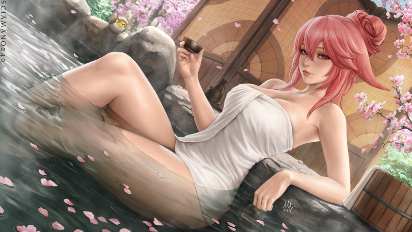 1girl alternate_hairstyle animal animal_ear_fluff animal_ears artist_name bare_arms bare_shoulders bathing bird breasts bucket building cherry_blossoms cleavage closed_mouth collarbone cup day dutch_angle fox_ears genshin_impact hair_bun holding holding_cup knee_up large_breasts lips long_hair looking_at_viewer naked_towel onsen outdoors petals pink_hair purple_eyes reward_available rock sciamano240 sidelocks sitting smile solo thighs towel water wooden_bucket yae_miko
