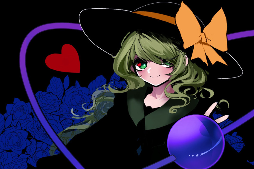 1girl alternate_color alternate_hair_length alternate_hairstyle bangs black_background blue_flower blue_rose blush bow breasts closed_mouth collarbone eyebrows_behind_hair flower green_eyes green_hair hair_over_one_eye hat hat_bow heart heart_in_eye inoshin_(inixia1748) komeiji_koishi limited_palette long_hair looking_at_viewer rose simple_background smile solo swept_bangs symbol_in_eye third_eye touhou upper_body very_long_hair yellow_bow