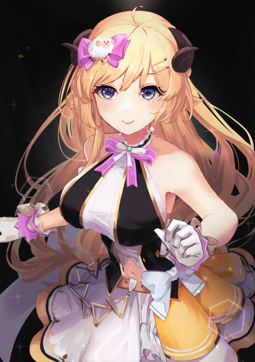 1girl absurdres animal_ears bangs bare_arms black_background blonde_hair blush bow bowtie breasts closed_mouth gloves hair_bow hair_ornament hairclip highres hololive horns large_breasts long_hair mochiyuki_(gigfor1) navel pink_bow pink_bowtie purple_eyes sheep_ears sheep_hair_ornament sheep_horns shirt skirt sleeveless sleeveless_shirt smile solo tsunomaki_watame very_long_hair virtual_youtuber white_gloves white_skirt