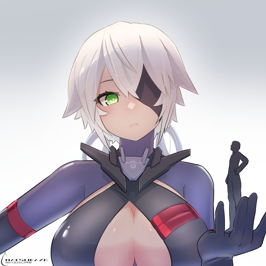 1boy 1girl absurdres auv_susanowo bangs blush breasts center_opening cleavage crossed_bangs eyepatch green_eyes highres impossible_clothes large_breasts leotard long_hair mecha_musume megami_device purple_leotard shiny shiny_hair shiny_skin sigure-zzzz skin_tight standing upper_body