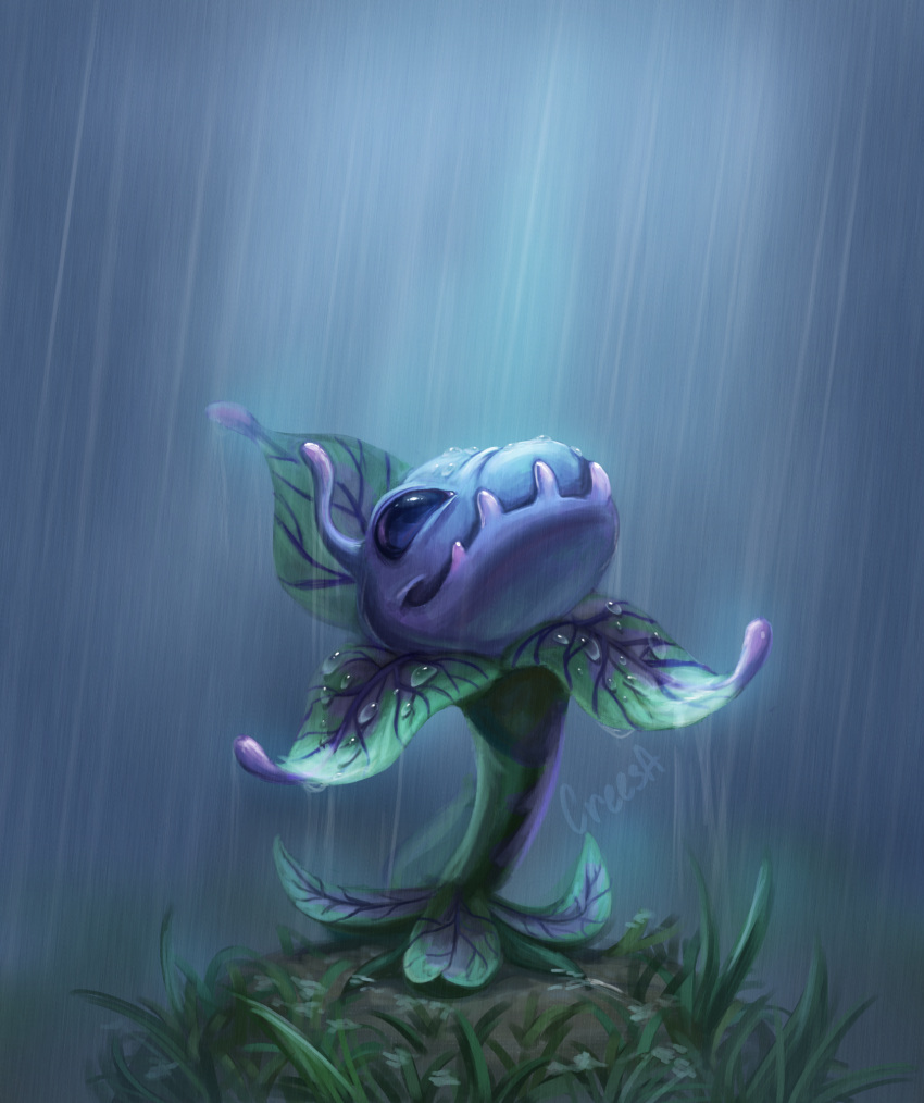 2022 alien ambiguous_gender antennae_(anatomy) creesa disney elemental_creature experiment_(lilo_and_stitch) flora_fauna green_body hi_res lilo_and_stitch looking_up male_(lore) plant purple_body raining shaded smile soft_shading solo sprout_(lilo_and_stitch) wet
