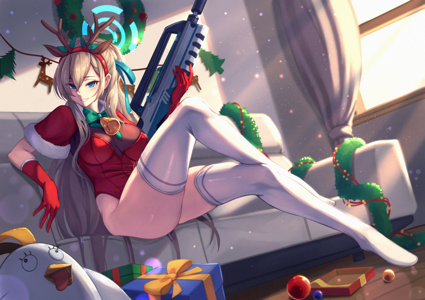 1girl absurdres asuna_(blue_archive) bell bld_zi blonde_hair blue_archive blue_eyes blue_ribbon box breasts brown_hair christmas couch curtains eyebrows_visible_through_hair fake_antlers gift gift_box gloves gun hair_between_eyes hair_ribbon halo highres holding holding_gun holding_weapon indoors long_hair looking_at_viewer medium_breasts on_couch red_gloves ribbon sitting thighhighs thighs weapon white_legwear window