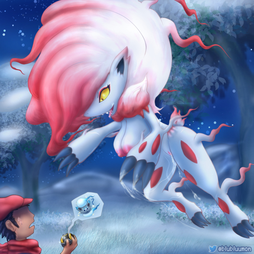 angry anthro blubluumon bodily_fluids breasts butt claws confusion fangs female feral forest fur genital_fluids genitals group hair hi_res hisuian_zoroark hisuian_zorua human jumping male mammal night nintendo nipples open_mouth pink_body pink_fur pink_hair plant pok&eacute;ball pok&eacute;mon pok&eacute;mon_(species) pok&eacute;mon_trainer pussy pussy_juice red_body red_fur red_hair red_nipples regional_form_(pok&eacute;mon) scared shiny_pok&eacute;mon shrub smile snow spread_arms spread_legs spreading sweat tongue tongue_out tree video_games wet white_body white_fur white_hair yellow_eyes